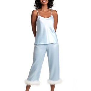 Luxurious Light Blue Satin Pajama Set with Faux Fur Trim